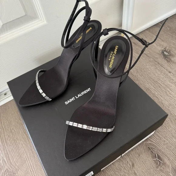 YSL SAINT LAURENT GLORIA SANDALS IN CREPE SATIN WITH RHINESTONES HEELS 90 - Picture 3 of 14